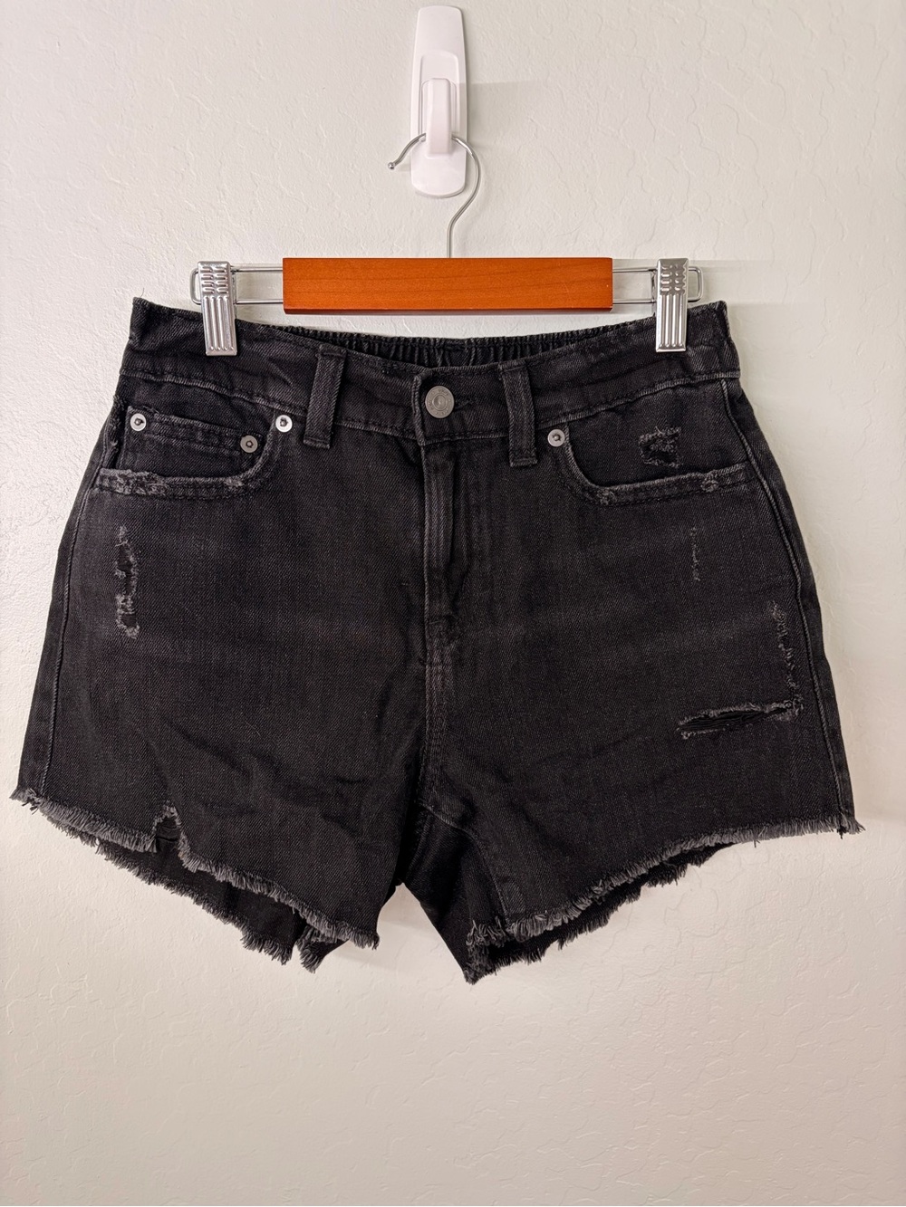 aerie Black Distressed High-Rise Denim Shorts 0065